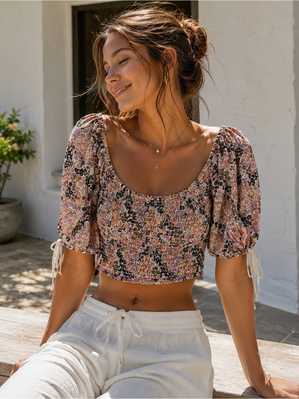 Free People Smocked Floral Puff Sleeve Crop Top